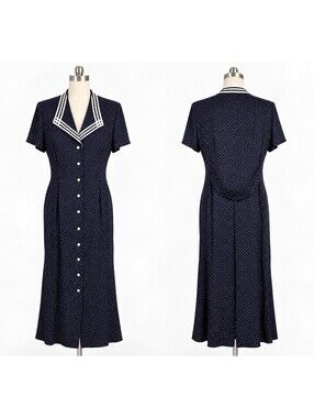 Vintage Miss Dorby Navy Blue Polka Dot Sailor Midi Dress